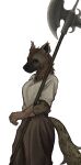  anon2000000 anthro axe breasts clothed clothing female fur gloves handwear hi_res hyena looking_at_viewer mammal melee_weapon polearm poleaxe shirt solo topwear weapon 