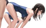  1boy 2girls bare_arms bare_legs bent_over blue_one-piece_swimsuit blurry blurry_background breasts brown_eyes brown_hair bulge bulge_press closed_mouth covered_nipples eto_(ikumika) highres long_hair medium_breasts multiple_girls one-piece_swimsuit profile school_swimsuit shiny_skin shoulder_blades solo_focus straight_hair swimsuit white_background 