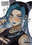  1girl alternate_hair_color black_nails blue_eyes blue_hair blue_lips breasts chain character_name cleavage double_bun english_text fishnet_top fishnets grid_background hair_bun highres jewelry jojo_no_kimyou_na_bouken kujo_jolyne looking_at_viewer multicolored_hair necklace neg_50asu parted_lips smile solo sparkle star_(symbol) stone_ocean two-tone_hair upper_body white_background 