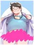  1boy bara belly blush bottomless censored facial_hair fat fat_man feet_out_of_frame glasses highres labcoat male_focus mature_male merchandise neroli_(pokemon) osu(statatatatatata) paid_reward_available pectorals plump pokemon_sleep round_eyewear scribble short_hair sleep_mask snorlax solo stubble sweatdrop thick_thighs thighs undressing 