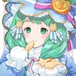  1girl animal_hands blue_dress blue_headwear blush closed_mouth commentary_request dress fire_emblem fire_emblem:_three_houses fire_emblem_heroes flayn_(fire_emblem) flayn_(halloween)_(fire_emblem) food gloves green_eyes grey_hair hair_ornament halloween_costume hat holding holding_food long_hair long_sleeves looking_at_viewer mixed-language_commentary mojakkoro neck_ribbon official_alternate_costume paw_gloves pink_ribbon ribbon smile solo white_gloves 