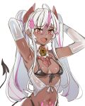  1girl :d armpits arms_behind_back bow_(bhp) breasts chinese_commentary commentary_request dark-skinned_female dark_skin demon_girl demon_horns demon_tail fang hair_between_eyes horns long_hair multicolored_hair navel original red_eyes red_horns simple_background skin_fang small_breasts smile solo tail twintails two-tone_hair white_background white_hair 