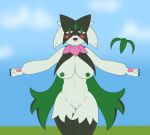  absurd_res anthro areola big_breasts blush breasts claws cloud cute_fangs female fur generation_9_pokemon genitals green_body green_fur hi_res kamek_sans looking_at_viewer mask meowscarada nintendo nipples nude outside pawpads petals pink_eyes pokemon pokemon_(species) pussy solo thick_thighs wide_hips 