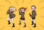  3girls 7654_dog alisa_(girls_und_panzer) blonde_hair boots bottle burger chewing_gum cola food girls_und_panzer grey_socks hair_ornament kay_(girls_und_panzer) kyoufuu_all_back_(vocaloid) military_jacket multiple_girls naomi_(girls_und_panzer) orange_background parody pixie_cut saunders_military_uniform socks star_(symbol) star_hair_ornament submarine_sandwich twintails white_socks 