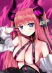  &gt;:) 1girl bare_shoulders belt_bra black_ribbon blue_eyes blunt_bangs blush breasts butterfly_hair_ornament cleavage closed_mouth commentary_request cosplay curled_horns demon_horns detached_sleeves ds_(mettyamattyaman) elizabeth_bathory_(fate) elizabeth_bathory_(fate/extra_ccc) elizabeth_bathory_(fate/extra_ccc)_(cosplay) eyelashes fake_horns fate/extra fate/extra_ccc fate_(series) fingernails go-toubun_no_hanayome hair_ornament hair_ribbon horns large_breasts long_fingernails long_hair looking_at_viewer nakano_nino pink_hair purple_background purple_nails ribbon simple_background smile smug solo straight_hair upper_body v-shaped_eyebrows very_long_hair wide_sleeves 