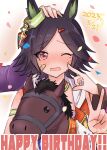  3girls animal_ears armband bandaid bandaid_on_face biwa_hayahide_(umamusume) black_hair blush cheek_poking confetti dated feet_out_of_frame hair_ornament hairclip happy_birthday happy_tears headpat highres horse_ears jacket kamaboco_(kayada) looking_at_viewer multiple_girls narita_taishin_(umamusume) one_eye_closed open_mouth petals poking raised_eyebrows red_jacket short_hair signature sleeveless sleeveless_jacket solo_focus stuffed_horse tears umamusume v winning_ticket_(racehorse) winning_ticket_(umamusume) 