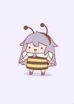  1girl :d absurdres bee_costume bee_hair_ornament bee_wings chest_jewel chibi english_commentary full_body grey_hair highres hololive hololive_english koseki_bijou long_hair open_mouth phdpigeon pun simple_background smile solid_circle_eyes solo standing virtual_youtuber wings 