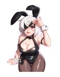  1girl animal_ears arm_support bare_shoulders black_blindfold black_gloves black_leotard blindfold blindfold_lift blushyspicy breasts brown_pantyhose cleavage fake_animal_ears from_above gloves grey_eyes hairband heart large_breasts leotard looking_at_viewer mole mole_under_mouth nier:automata nier_(series) outline pantyhose playboy_bunny rabbit_ears short_hair sitting smile solo white_hair white_outline wrist_cuffs yorha_no._2_type_b 