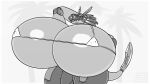  anthro bandai_namco big_breasts bikini bikini_top borisalien breasts clothing digimon digimon_(species) female hand_behind_head hi_res huge_breasts hyper hyper_breasts looking_at_viewer metalgarurumon monochrome smile solo swimwear thick_thighs 