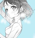  1girl athletic_leotard blue_background blush breasts commentary_request floating_hair greyscale_with_colored_background highres idolmaster idolmaster_cinderella_girls idolmaster_cinderella_girls_u149 leotard looking_at_viewer monochrome mushi024 puckered_lips sasaki_chie small_breasts solo sweat upper_body 