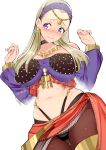  1girl blonde_hair blush breasts cleavage dancer&#039;s_costume_(dq) detached_sleeves dragon_quest dragon_quest_xi earrings highres jewelry koda1ra large_breasts official_alternate_costume pantyhose purple_eyes sash senya_(dq11) simple_background smile solo stomach thong 