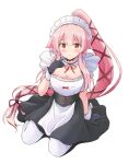  1girl alternate_costume apron black_dress black_gloves blush breasts brown_eyes cleavage cleavage_cutout clothing_cutout dress enmaided gloves hair_flaps hair_ribbon highres kantai_collection long_hair looking_at_viewer maid maid_apron maid_headdress pink_hair ponytail puffy_short_sleeves puffy_sleeves ribbon shizuna_kaede short_sleeves solo thighhighs very_long_hair waist_apron white_apron white_thighhighs white_wrist_cuffs yura_(kancolle) 