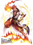  1boy box_(hotpppink) commentary_request eden_fantasia fire irvine_(eden_fantasia) jacket jewelry leg_armor male_focus necklace official_art open_clothes open_jacket orange_hair pants red_pants solo white_jacket 