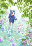 1boy 1other blue_hair blue_shirt caustics closed_eyes day digimon digimon_(creature) fish flower glasses gomamon highres holding holding_clothes holding_footwear kido_jou leaf open_mouth orange_hair outdoors pants pqtiger shirt shoes shoes_removed short_hair short_sleeves wading water white_pants 