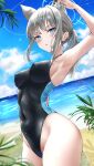  1girl absurdres animal_ear_fluff animal_ears arm_up armpits beach black_one-piece_swimsuit blue_archive blue_eyes blue_sky blush breasts cloud competition_swimsuit covered_navel cross_hair_ornament day grey_hair hair_ornament highres lds_(dstwins97) looking_at_viewer medium_breasts medium_hair ocean official_alternate_costume one-piece_swimsuit outdoors ponytail shiroko_(blue_archive) shiroko_(swimsuit)_(blue_archive) sky solo swimsuit thighs 