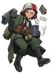 1girl abigail_(panzerfritz) absurdres ammunition_box bandages belt black_footwear boots borrowed_character brown_eyes brown_hair canteen coat combat_helmet commentary_request cross first_aid first_aid_kit german_army germany glasses gloves green_coat green_pants helmet highres holding legs_apart load_bearing_vest long_sleeves looking_at_viewer medic medium_hair military military_uniform original pants pants_tucked_in pouch red_cross red_headwear rifleman1130 round_eyewear scissors simple_background soldier solo stahlhelm sweat sweatdrop two-tone_headwear uniform wehrmacht white_background white_headwear world_war_ii 