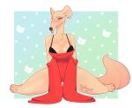  2023 4_toes anthro artist_name bedroom_eyes black_bra black_clothing black_underwear blue_background blush bodysuit border borzoi borzoi_(jelzyart) bra breasts brown_nose canid canine canis cat_print cel_shading chest_tuft cleavage clothed clothing domestic_dog feet female fluffy fluffy_tail footprint full-length_portrait fur furrowed_brow glistening glistening_breasts gradient_background green_background gynomorph_(lore) hunting_dog jelzyart kneeling long_sleeves long_snout long_tail mammal narrowed_eyes off_shoulder oversized_sleeves pattern_background pawprint portrait red_clothing seductive shaded sighthound simple_background skinsuit snout solo spread_legs spreading tail tan_body tan_fur thick_thighs tight_clothing toes tongue tongue_out tuft underwear white_border yellow_eyes 