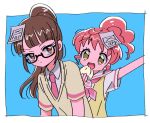  2girls :d arm_up baozi black-framed_eyewear blue_background blunt_bangs border brown_eyes brown_hair closed_mouth collared_shirt commentary cropped_torso food glasses happy_birthday holding holding_food long_hair looking_at_viewer minami_mirei multiple_girls neckerchief necktie open_mouth outstretched_arm paper_on_head paprika_private_academy_school_uniform pink_neckerchief pink_necktie ponytail pretty_(series) pripara pun red_hair rituyama1 sailor_collar school_uniform semi-rimless_eyewear shiratama_mikan shirt short_sleeves smile symbol-only_commentary upper_body vest white_border white_sailor_collar white_shirt yellow_eyes yellow_vest 