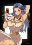  1girl arm_behind_head arm_up armlet black_hair blue_eyes blush bracelet breasts card dark-skinned_female dark_skin dress egyptian_clothes gold hair_tubes highres holding holding_card ishizu_ishtar jewelry large_breasts long_hair looking_at_viewer mibry_(phrysm) millennium_necklace solo trading_card white_dress yu-gi-oh! yu-gi-oh!_duel_monsters 