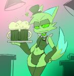  absurd_res anthro beverage bow_tie bulge canid canine clothing clover fox fur green_body green_clothing green_eyes green_fur green_hat green_headwear green_underwear grumpy hat headgear headwear hi_res holidays legwear male mammal seductive solo st._patrick&#039;s_day thigh_gap thigh_highs trinitro_stropher trinitroid underwear villainous 