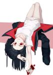  1girl absurdres arknights black_hair black_jacket closure_(arknights) commentary_request highres jacket lying on_back panties pointy_ears red_eyes shirt short_sleeves solo underwear white_background white_panties white_shirt yonghu_20251 