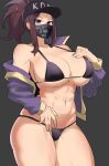 1girl abs akali alternate_breast_size amogan baseball_cap bikini black_bikini breasts cleavage commission cropped_jacket female_pubic_hair gold_trim hand_on_own_chest hand_on_own_stomach hat highres huge_breasts jacket k/da_(league_of_legends) k/da_akali league_of_legends mask mouth_mask muscular muscular_female navel off_shoulder pixiv_commission ponytail print_mask pubic_hair purple_eyes purple_hair purple_jacket skindentation solo stomach swimsuit thick_thighs thighs 