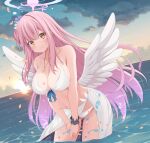  1girl angel_wings bare_shoulders bikini black_scrunchie blue_archive blush breasts cleavage cloud comiket_102 dutch_angle feathered_wings hair_bun halo highres jewelry large_breasts long_hair looking_at_viewer mika_(blue_archive) navel necklace ocean outdoors own_hands_clasped own_hands_together pink_hair pink_halo sarong scrunchie smile solo stomach swimsuit tomosuke wading white_bikini white_sarong white_wings wings wrist_scrunchie yellow_eyes 