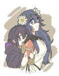  2girls bare_arms batoson54 black_hair blue_eyes blue_hair fire_emblem fire_emblem_heroes gloves hands_on_another&#039;s_shoulders head_wreath highres hood long_hair lucina_(fire_emblem) lucina_(valentine)_(fire_emblem) morgan_(female)_(fire_emblem) morgan_(fire_emblem) multiple_girls peeking_out purple_eyes short_hair shoulder_peek 