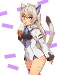  1girl ahoge animal_ears blue_eyes body_markings cat_ears cat_girl cat_tail commentary cougar_(cougar1404) cowboy_shot dark-skinned_female dark_skin eating food food_on_face grey_hair heterochromia holding holding_food ice_cream_cone jacket long_hair long_sleeves looking_at_viewer no_pants original panties silui_(cougar_(cougar1404)) solo standing tail tiger_stripes tongue tongue_out underwear white_background white_jacket white_panties yellow_eyes 