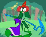  animated antennae_(anatomy) anthro clothing dialogue dragon green_body hat headgear headwear hitting looking_at_viewer male roksim roksim_the_time_mage solo staff wings 