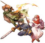  1girl 2boys blue_eyes blue_headwear blue_tunic boots brown_footwear brown_gloves cape closed_mouth commentary_request cousins dragon_quest dragon_quest_ii fighting_stance fire full_body gloves goggles goggles_on_headwear green_cape holding holding_shield holding_staff holding_sword holding_weapon hood long_hair looking_to_the_side magic multiple_boys open_mouth orange_gloves orange_hair piyoko_saito prince prince_of_lorasia prince_of_samantoria princess princess_of_moonbrook purple_eyes purple_hair pyrokinesis red_footwear red_headwear robe shield shirt spiked_hair staff sword weapon white_background white_robe 
