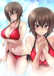 1girl bikini blue_background breasts brown_eyes brown_hair closed_mouth collarbone commentary_request girls_und_panzer hair_between_eyes highres large_breasts looking_at_viewer multiple_views nakahira_guy navel nishizumi_maho red_bikini swimsuit thighs 