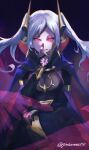  1girl aura cape dark_aura dark_persona evil_smile eyes_of_grima fingernails fire_emblem fire_emblem_awakening fire_emblem_heroes gimkamres04 glowing glowing_eyes grima_(fire_emblem) hand_tattoo highres looking_at_viewer official_alternate_costume robin_(female)_(fell_tactician)_(fire_emblem) robin_(female)_(fire_emblem) robin_(fire_emblem) sharp_fingernails smile solo tattoo twintails white_hair 