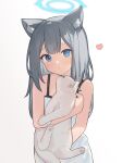  1girl absurdres animal animal_ears blue_archive blue_eyes blue_halo cat grey_hair halo heart highres long_hair looking_at_viewer nagisa_(cxcx5235) shiroko_(blue_archive) simple_background solo upper_body white_background wolf_ears 