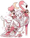  1girl bare_shoulders bird bow drill_hair elina_(e2n04n) flamingo flower_ornament frills hair_ornament heart moon original sitting solo star_(symbol) 