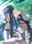  2girls bags_under_eyes beach_chair bikini black_bikini black_hair blue_archive braid braided_ponytail breasts cardigan cleavage cloud crossed_bangs cup day flower grey_cardigan hair_between_eyes hair_over_one_eye hairband halo hat hat_flower highres hinata_(blue_archive) hinata_(swimsuit)_(blue_archive) holding holding_cup jewelry large_breasts long_hair looking_at_viewer multiple_girls navel necklace o-ring o-ring_bikini off_shoulder official_alternate_costume one-piece_swimsuit outdoors plant quasarcake red_eyes sitting sky small_breasts standing stomach sun_hat sweat swimsuit tropical_drink ui_(blue_archive) ui_(swimsuit)_(blue_archive) very_long_hair white_flower white_one-piece_swimsuit 
