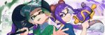  2boys artist_name baseball_cap blue_shirt braid green_eyes green_hair gun hairband hat highres holding holding_gun holding_weapon inkling inkling_boy jinkobanana long_hair multiple_boys one_eye_closed paint pointy_ears purple_eyes purple_hair shirt short_hair slosher_(splatoon) smile splatoon_(series) splattershot_(splatoon) tongue tongue_out weapon 