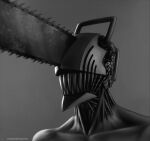  1boy artist_name chainsaw chainsaw_man denji_(chainsaw_man) gigachad_(meme) greyscale male_focus meme monochrome punchingwater sharp_teeth solo teeth upper_body 