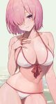  1girl absurdres bikini breasts cleavage closed_mouth collarbone commentary fate/grand_order fate_(series) hair_over_one_eye hand_on_own_chest highres large_breasts looking_at_viewer mash_kyrielight navel pink_hair purple_eyes short_hair simple_background smile solo sooon stomach swimsuit wet white_background white_bikini 