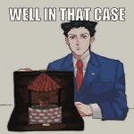  1boy ace_attorney arm_rest black_hair blue_jacket breast_pocket brown_eyes closed_mouth collared_shirt drenacocrom english_text highres impact_(font) jacket lapel_pin lapels layered_sleeves long_sleeves looking_at_viewer male_focus necktie phoenix_wright pocket red_necktie shirt short_hair solo suit_jacket suitcase too_literal well white_shirt 