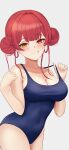  1girl :q absurdres blue_one-piece_swimsuit blush breasts cleavage collarbone covered_navel double_bun grey_background hair_bun heterochromia highres hololive houshou_marine likuo one-piece_swimsuit red_eyes red_hair school_swimsuit solo strap_pull swimsuit tongue tongue_out virtual_youtuber yellow_eyes 