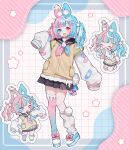  1girl absurdres animal_ear_fluff animal_ears aqua_hair bandaid black_skirt blue_background blue_eyes blue_footwear blush checkered_background chibi chibi_inset closed_eyes commentary_request drop_shadow fuinagi_(huyuu_mm) full_body gradient_legwear hair_ornament hairclip heterochromia highres icing long_sleeves looking_at_viewer multicolored_hair open_mouth original pink_background pink_eyes pink_hair platform_footwear pleated_skirt rabbit_ears single_leg_warmer single_thighhigh skirt sleeves_past_fingers sleeves_past_wrists smile sprinkles sweater_vest thighhighs twintails two-tone_hair white_background 