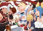 3boys 3girls ahoge akisa_yositake alcohol blonde_hair blue_hair breasts brown_hair chicken_(food) christmas christmas_ornaments christmas_tree cup dark-skinned_female dark_skin dizzy_(guilty_gear) elphelt_valentine eyepatch family father-in-law_and_son-in-law father_and_son food fur-trimmed_headwear grandfather_and_grandson green_eyes guilty_gear guilty_gear_xrd hair_ribbon hair_rings hat highres holding holding_cup holding_food huge_ahoge husband_and_wife ky_kiske long_hair long_sleeves looking_at_another looking_at_viewer medium_breasts mother_and_son multiple_boys multiple_girls muscular muscular_male pom_pom_(clothes) ramlethal_valentine red_eyes red_headwear ribbon santa_hat short_hair siblings sin_kiske sisters smile sol_badguy spiked_hair twintails yellow_eyes yellow_ribbon 