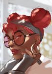  1girl apex_legends blurry blurry_background double_bun earrings grey_hairband grey_jacket hair_behind_ear hair_bun hairband highres hoop_earrings ifragmentix indoors jacket jewelry lifeline_(apex_legends) long_sleeves nose_piercing nose_ring piercing portrait red-tinted_eyewear red_eyes red_hair red_lips red_nails ring round_eyewear shirt sleeves_past_wrists smile solo sunglasses thick_lips tinted_eyewear western_comics_(style) white_shirt window 