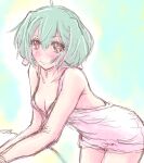  1girl backless_dress backless_outfit blush breasts brown_eyes cleavage collarbone cowlick dress green_hair highres houzuki7 looking_at_viewer macross macross_frontier ranka_lee short_hair sketch sleeveless sleeveless_dress small_breasts smile solo white_dress 
