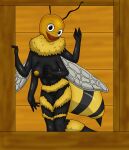  2023 anthro arthropod bee black_body creepy creepy_smile cursed_image female fur hi_res humanoid hymenopteran insect looking_at_viewer magalnik smile smiling_at_viewer solo tagme window wings yellow_body yellow_fur 