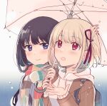  2girls backpack bag black_bag black_hair blonde_hair blue_background blush brown_jacket closed_mouth commentary_request gradient_background hair_ribbon highres holding holding_umbrella hood hoodie inoue_takina jacket long_hair long_sleeves looking_at_viewer lycoris_recoil multiple_girls nishikigi_chisato one_side_up open_mouth purple_eyes rain red_eyes red_ribbon ribbon sango_(sango3_3) scarf shadow shared_umbrella short_hair umbrella upper_body white_background white_hoodie yuri 