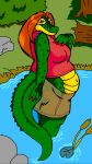  anthro belly belly_scales bottomwear breasts clothing crocodilian danellz digital_media_(artwork) female grass green_body green_scales hair hi_res multicolored_body multicolored_scales navel non-mammal_breasts plant pregnant reptile rock scales scalie shirt shorts shrub solo teal_eyes topwear tree two_tone_body two_tone_scales water yellow_body yellow_scales 
