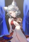  1girl animal_ears armpit_crease blurry blurry_foreground braid breasts breasts_apart center_opening closed_mouth clothing_cutout crossed_legs curtains dress feet_out_of_frame fraux granblue_fantasy grey_hair hair_ornament highres looking_at_viewer shiromimin short_hair single_bare_shoulder single_sleeve sitting small_breasts smile solo yellow_eyes 