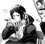  2boys ? akat42273008 akutagawa_ryuunosuke_(bungou_stray_dogs) ascot bungou_stray_dogs cellphone chair collared_jacket cup fingerless_gloves flip_phone gloves greyscale hand_up highres holding holding_cup holding_phone long_sleeves looking_at_viewer male_focus monochrome multicolored_hair multiple_boys nakajima_atsushi_(bungou_stray_dogs) out_of_frame phone shirt short_hair simple_background speech_bubble table two-tone_hair 